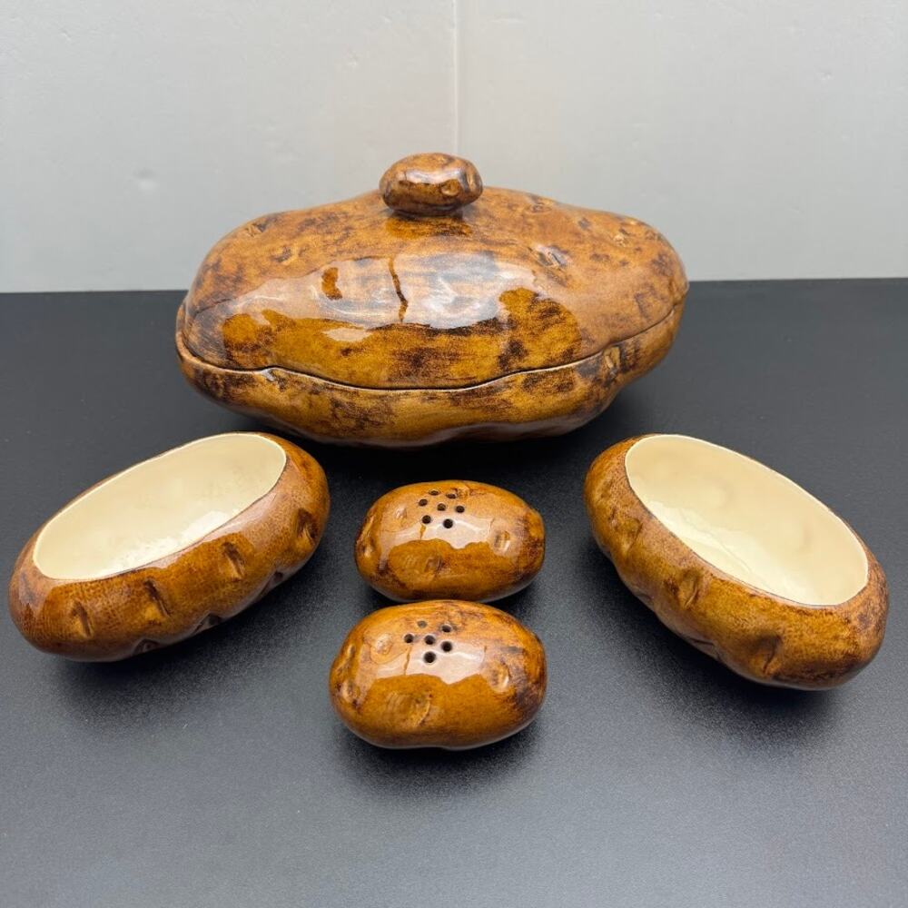 Vintage Atlantic Mold Ceramic Potato Serving Dish Condiment Bowls Salt Pepper